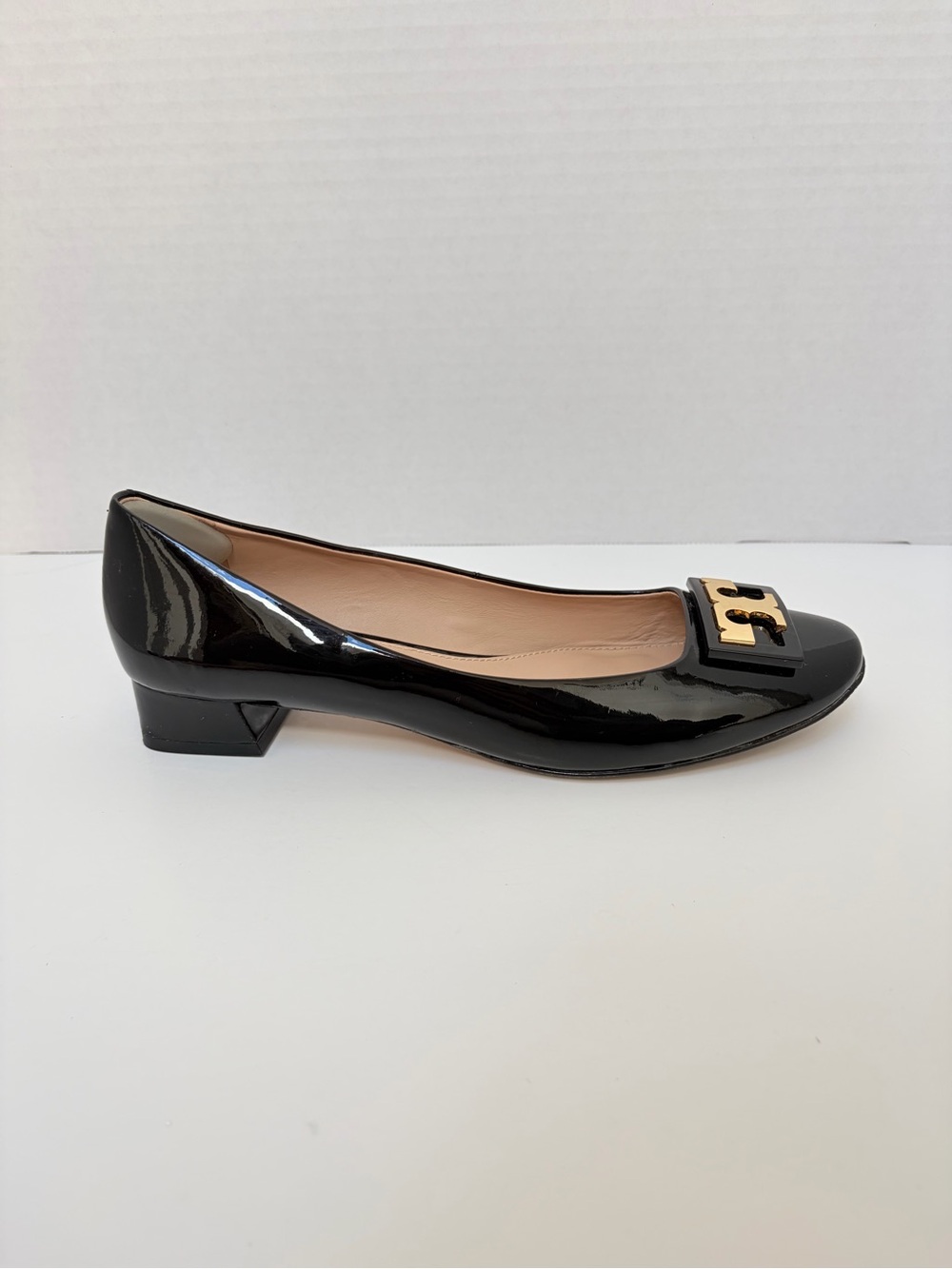 Tory Burch Gigi Pump Square Toe Block Heels Patent Leather Black Gold Size 8.5 - Picture 4 of 14